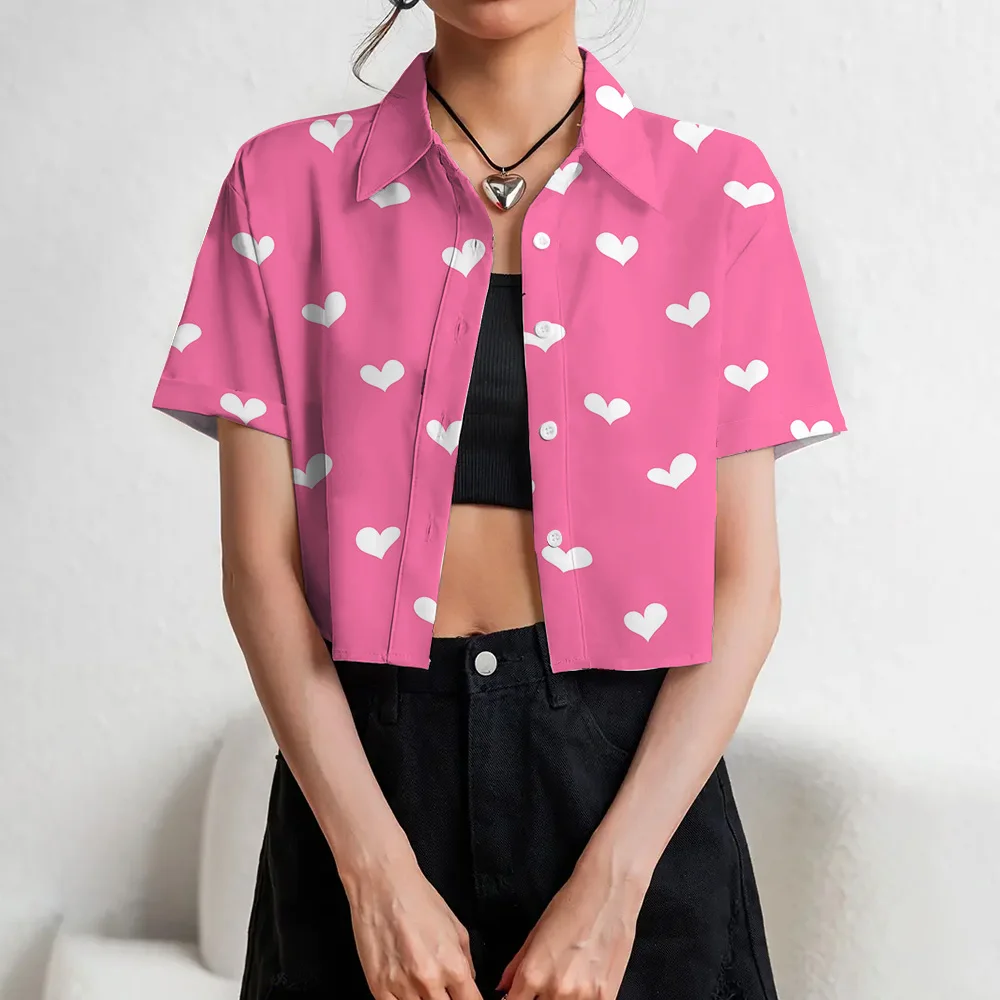 Trendy Pink Love Printed Button Front Shirt Casual Short Sleeve Collared Crop Top For Spring & Summer Women\'s Clothing Oversized