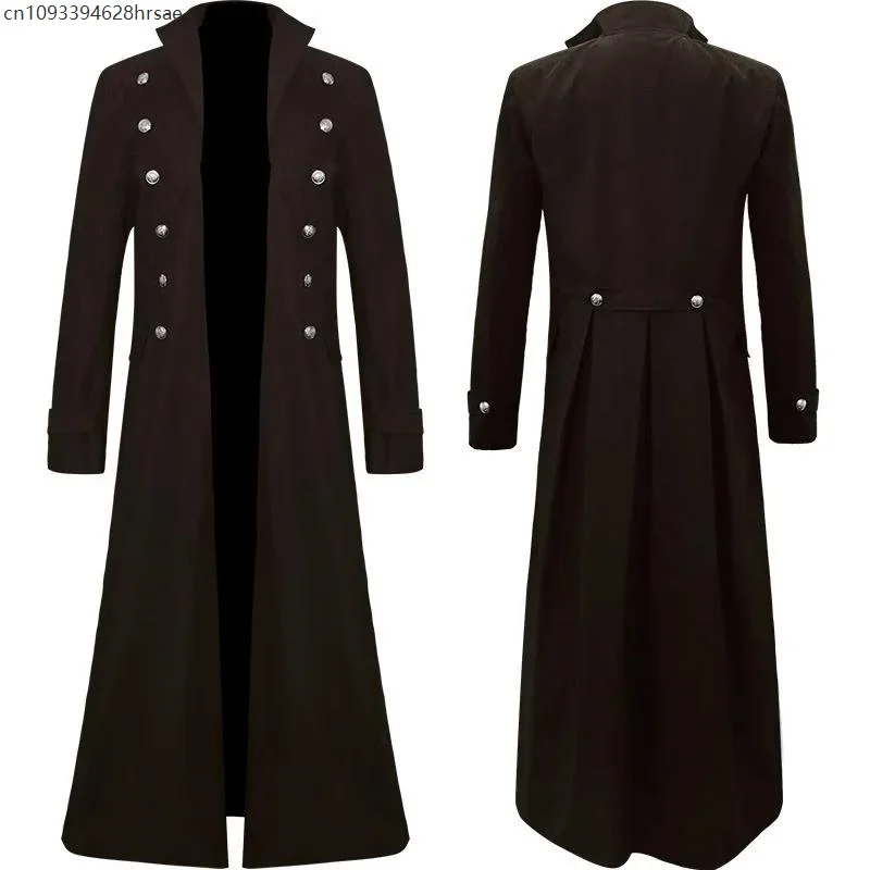 

CEENIU Men Gothic Trench Medieval Steampunk Retro Coat Double-breasted Trim Solid Men's Lapel Coats Vintage Long Trench