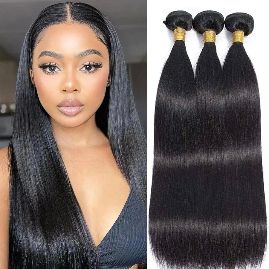 Straight Brazilian Human Hair Bundles Remy Hair Extensions 1/3/4 PCS Natural Black Brazilian Hair Weave Bundles 14-30 Inch