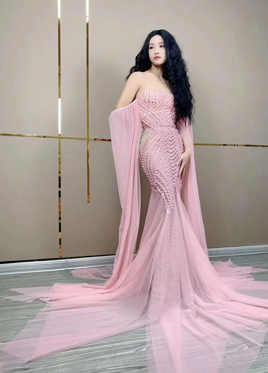 Pink Pearl Gauze Trailing Long Dress Model Stage Walk Singer Hos Evening Party Mesh Dresses Celebrity Birthday Festival Costume