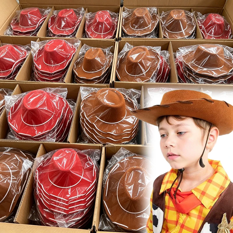 1/10pcs Cowboy Brown Red Felt Woody Cowboy Hat for Children Adjustable Western Big Brimmed Cowboy Cap Sports Climbing Wilderness