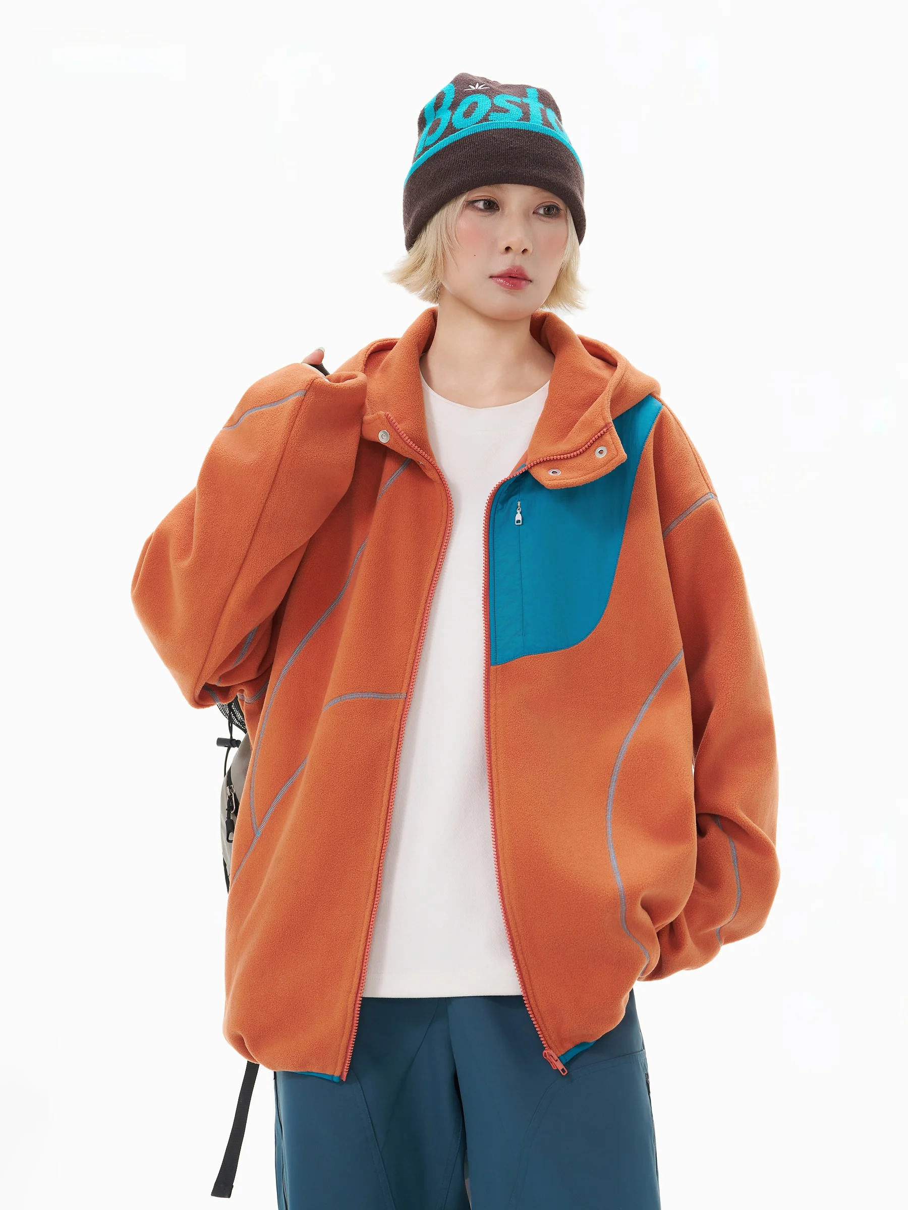 AOGZ Color Block Fleece Jacket Hooded Outdoor Unisex Autumn Heavyweight Anti-Static Antibacterial Warm Cardigan Sweatshirt