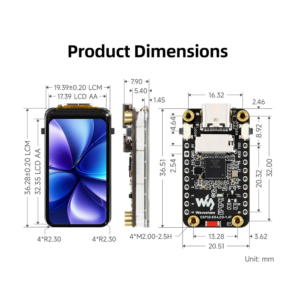 ESP32-C5 1.47inch LCD Display Development Board 172×320 Supports WiFi 6 Bluetooth ESP32 Touch Display Type C
