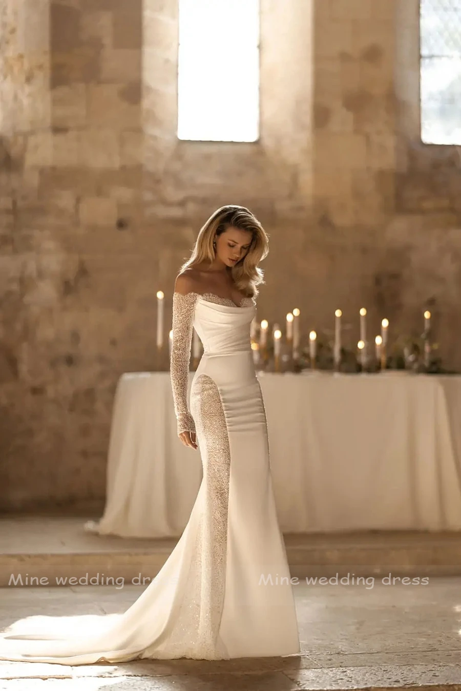 Abito da sposa sexy con scollo a cuore a maniche lunghe con spalle scoperte personalizzato Abito da sposa con sirena senza schienale Abiti da sposa