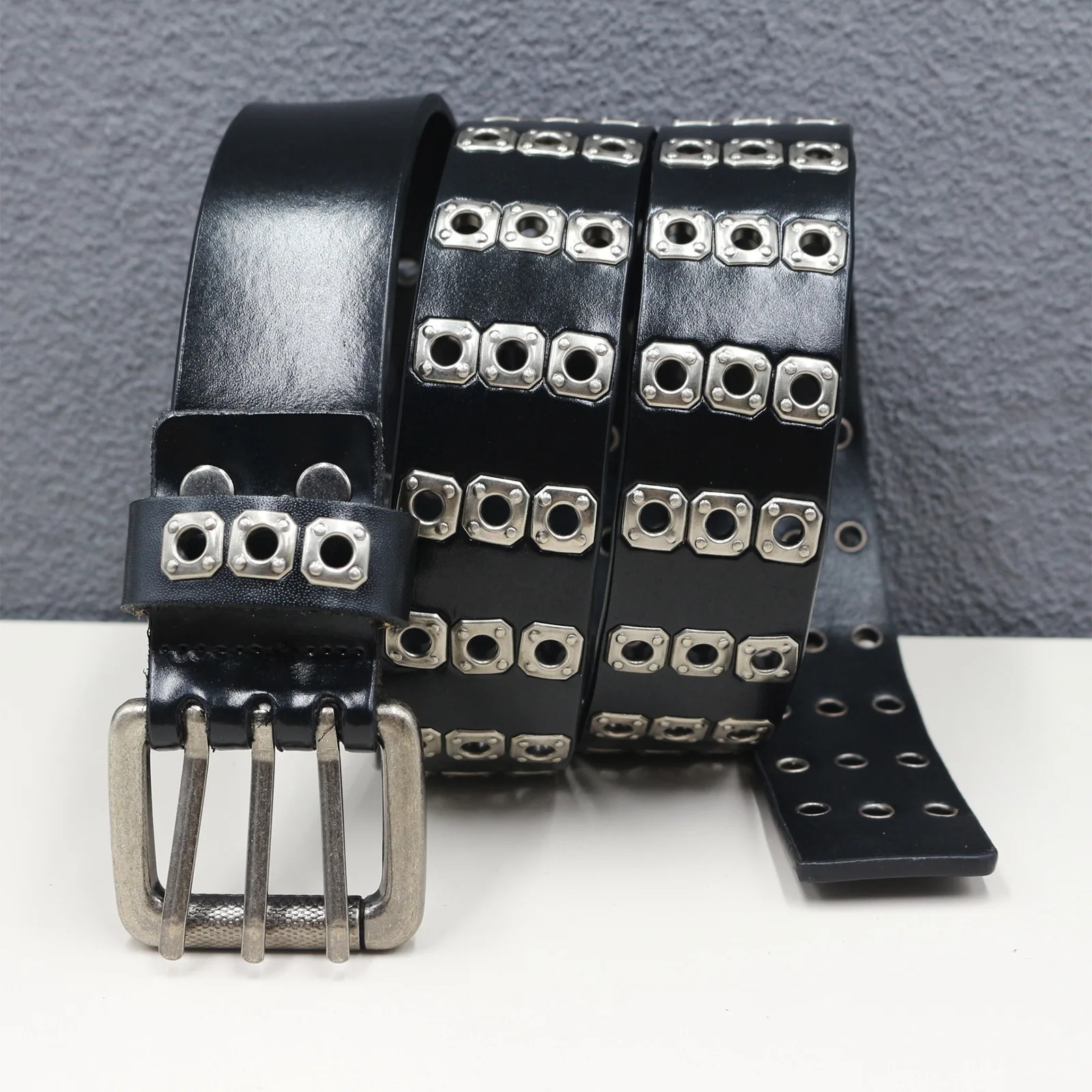 Double Pin Rivet Belt NEW Belts for Men Men's Leather Dress Belt Fashion Male Waistband Width:38mm length:110-125cm
