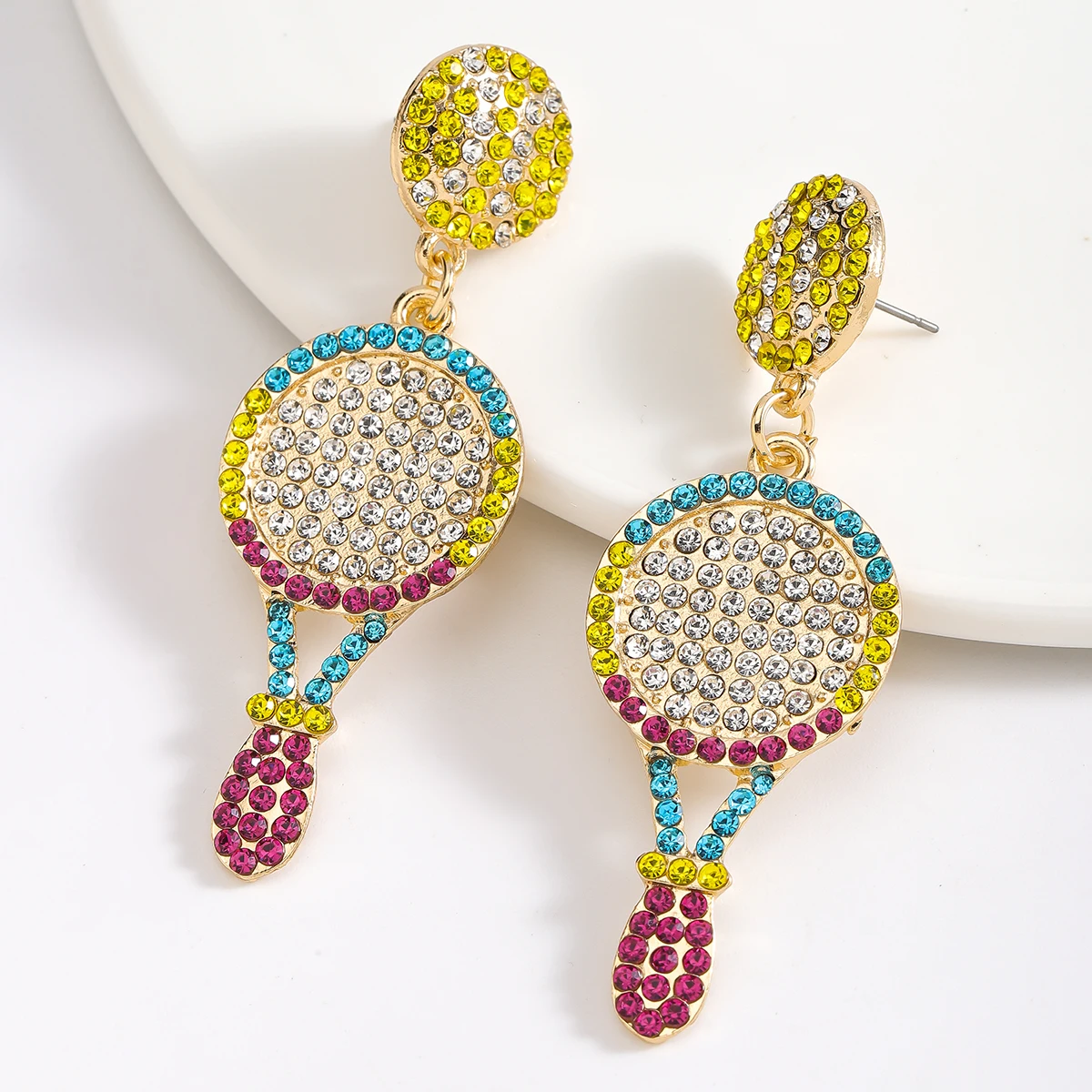 Glitter Rhinestone Tennis Ball Set Dangle Earrings Cute Designed Sporty Style Drop Earrings For Women Statement Sport Accessory