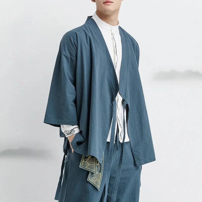 Japanese Kimono Cardigan Shirts Pants Chinese Style Cotton Linen Haori Yukata Blouse Male Traditional Samurai Costume Large Size