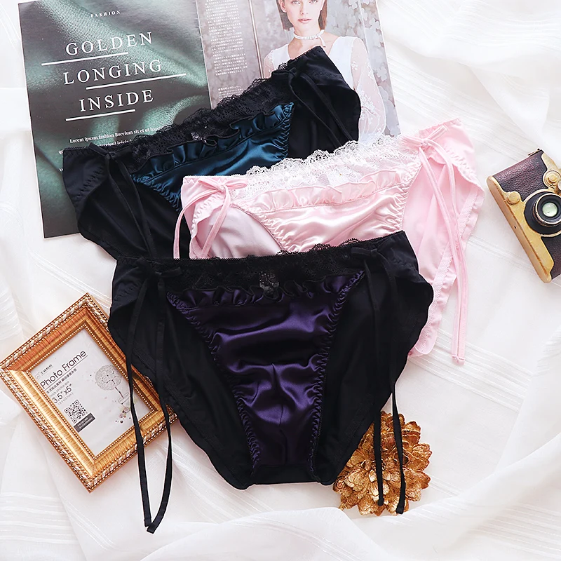 남성용 핑크 브리프 실크 레이스 주름 부드러운 시시 스위트 브리프 순색 크로스드레싱 보우 팬티 커플 BF 이너웨어 팬티