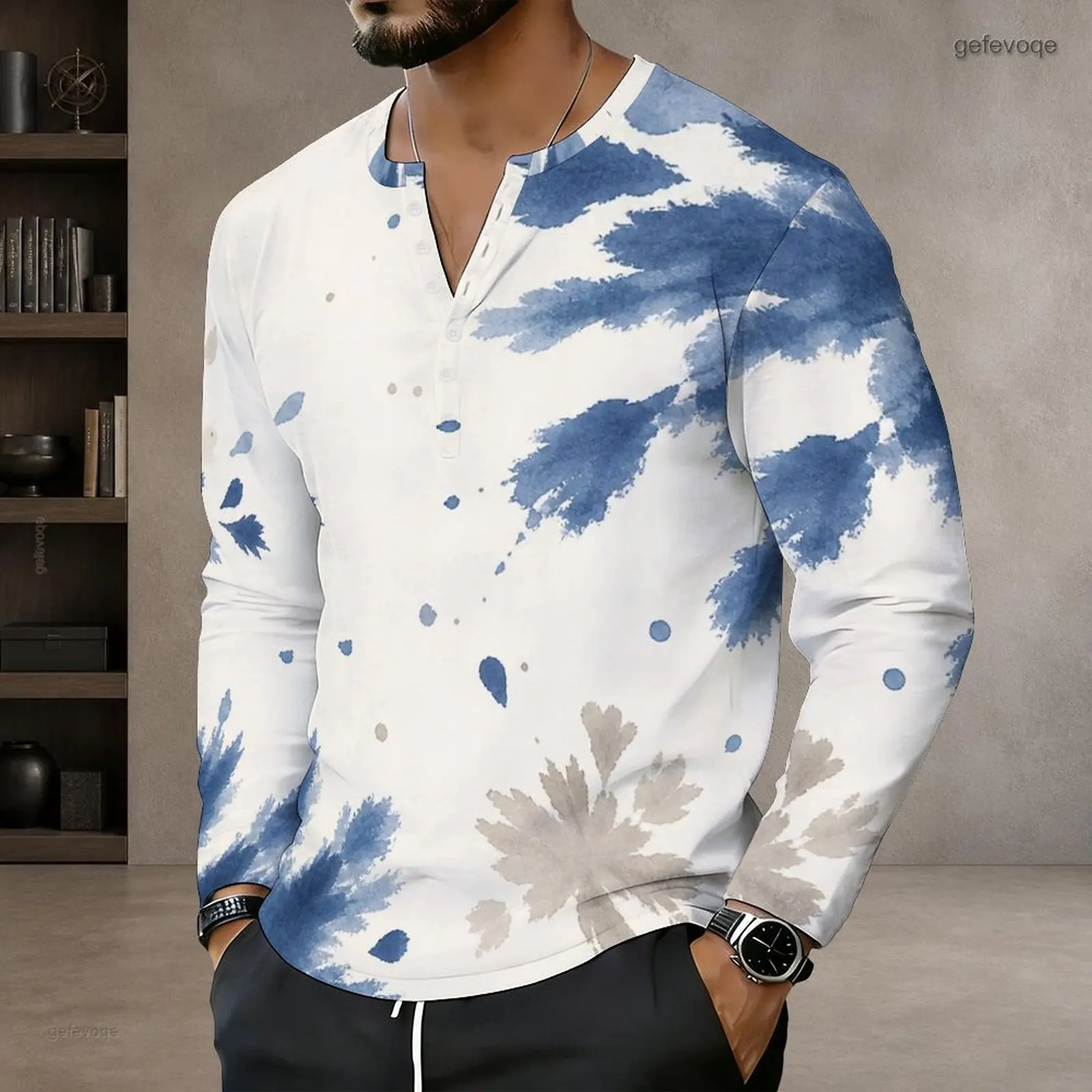 Men Top with Print Notch Neck Long Sleeve Pullover Straight Hem