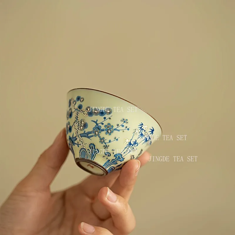 

50ml Ceramic Flower Tea Cup Blue and White Porcelain Pine Tree Master's Cup Small Capacity Tea Cup Plum Blossom Teacups
