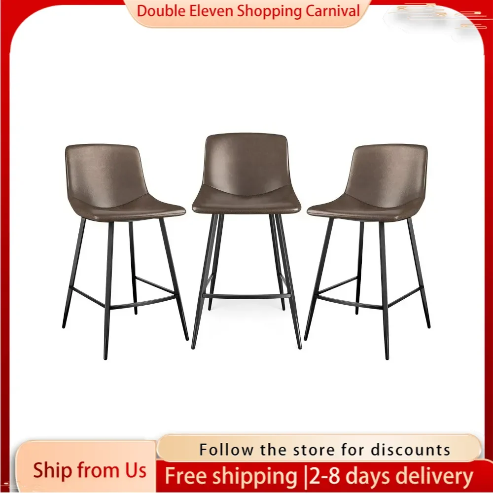 600 lbs Counter Height Bar Stools Set of 3, 24 Inch Faux Leather Barstools with Back, Bar Chairs with Metal Legs  (Brown)