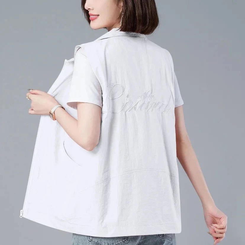 

Summer Thin Pink Vest Women 4XL Double Layer Lined Casual Sleeveless Jacket Cardigan Basic Zipper Waistcoat Sunscreen Vest