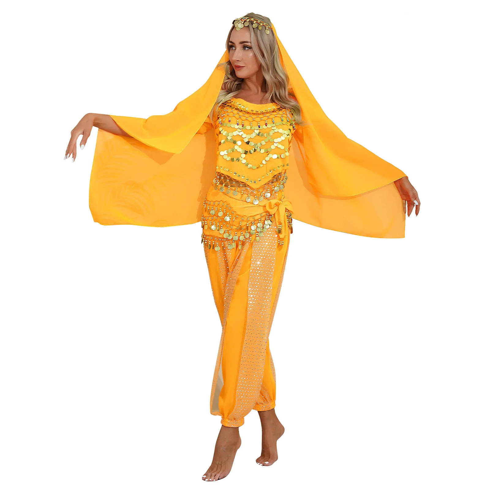 Donne Arabo Egitto Indiano Orientale Vestito di danza del ventre Costume di palissandro del ventre Top corto con paillettes con pantaloni Harem Sciarpa dell'anca Foulard