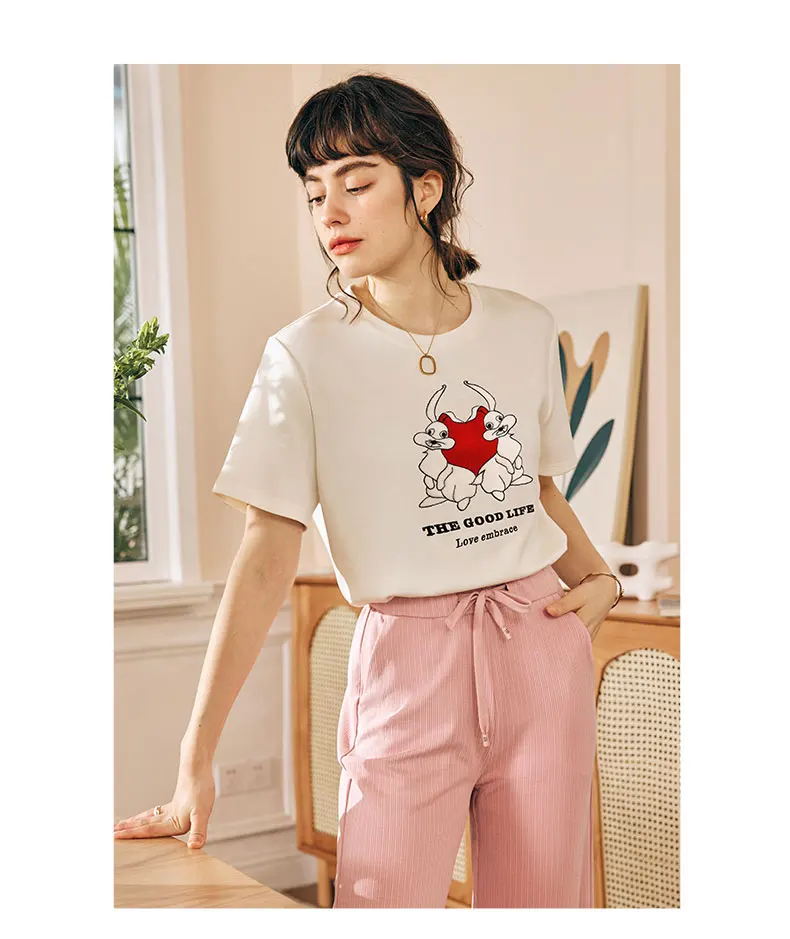 

‌OLrain Women Casual T-Shirt Cotton Short Sleeve Tees 2025 Fashion Round Neck Embroidery Summer Top Woman's Clothes O23XT80030