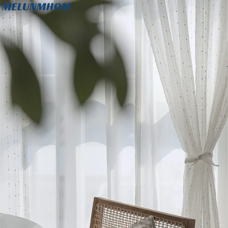 White Cotton Linen Jacquard Window Screens Stripe Embroidered Curtains Tulle for Living Room Bedroom Study Sheer Drapes Panels