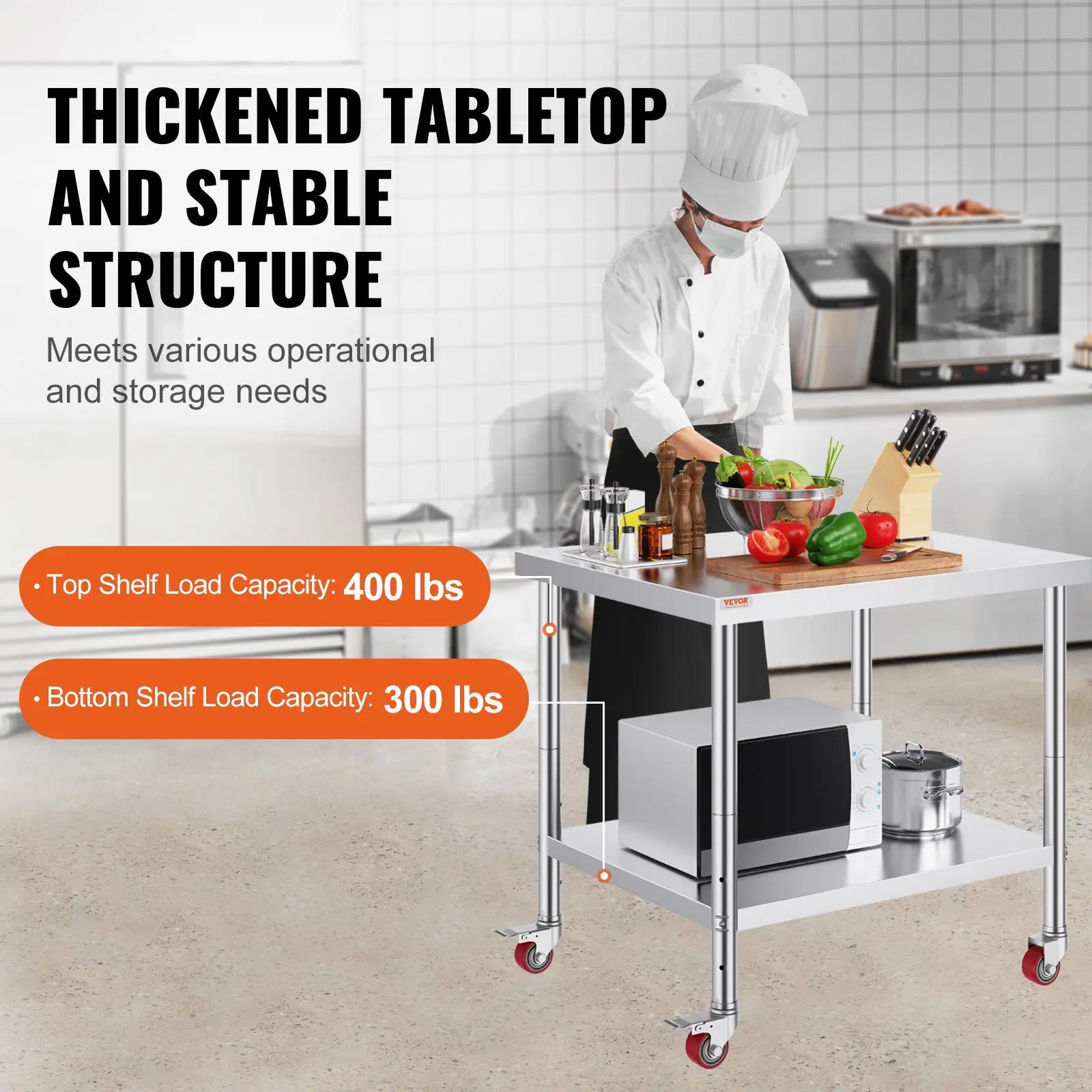Stainless Steel 30x36x34in 3-Level Work Table Heavy Duty Movable Cart with 4 Casters and Brake for Commercial Kitchen