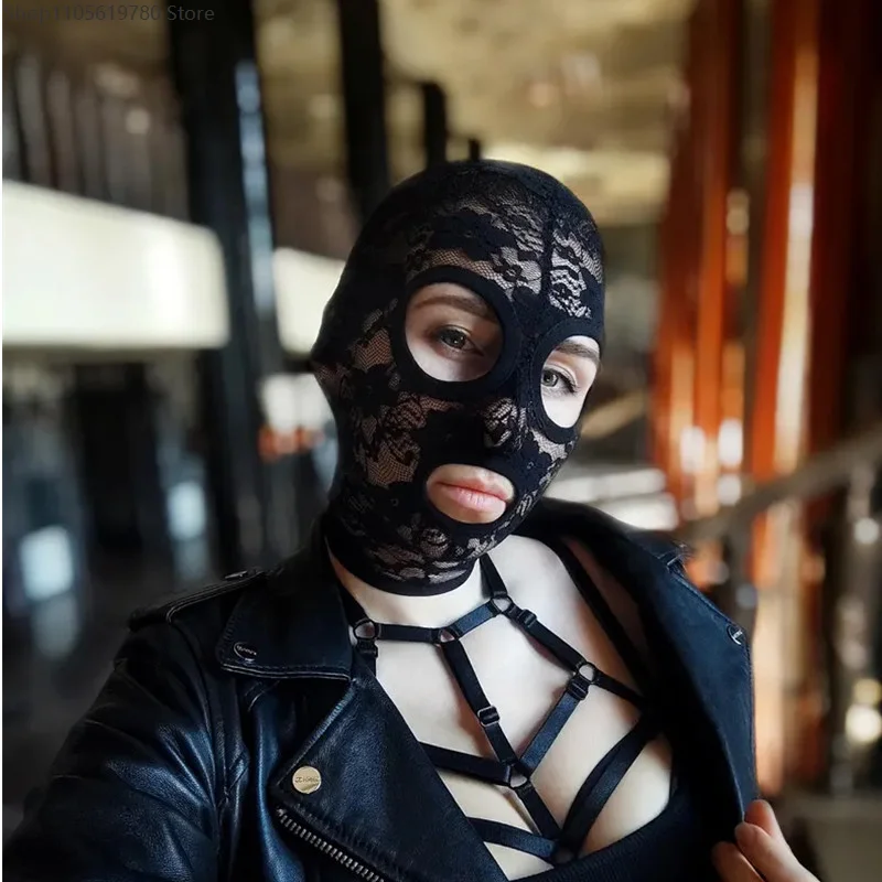 Gothic Style Black Lace Full Head Hood Mask Floral Lace Texture Adjustable Tie Closure Eye‑Mouth Cutouts Cosplay Party Accessory