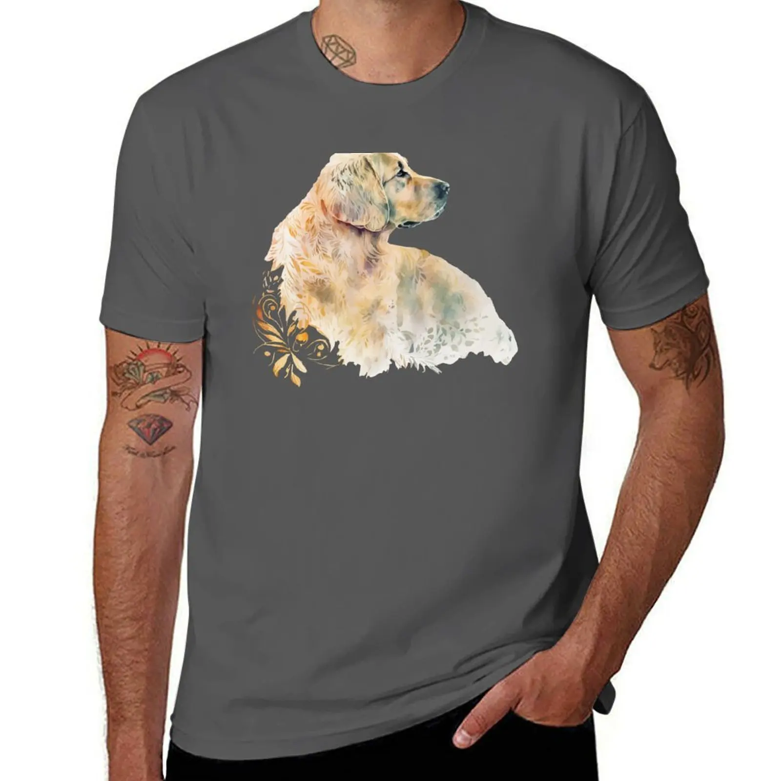 

A Bohemian Patterned Golden Retriever Watercolor - Boho Animals T-Shirt Soft Casual Short Sleeve Cotton Tee