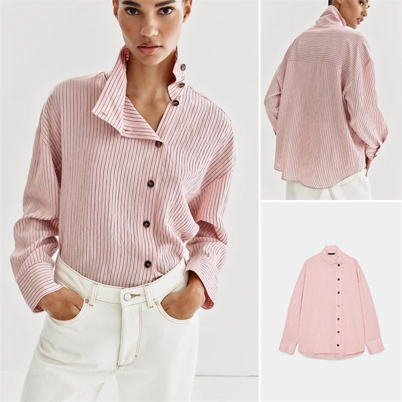 Elegant Striped Casual Long Sleeve High Collar Commute Shirt Spring Summer New Arrival Women's Fashion Single Buttoned Shirt