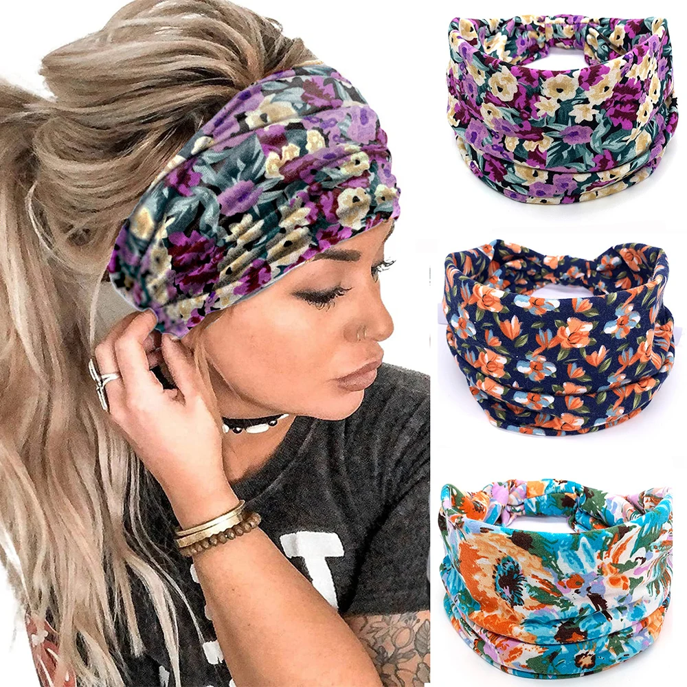 Yoga Headband Flower Pattern Print Twist Style Elastic Hair Band Wide Cotton Stretch Hairbands Bandana Turban Knot Headwrap DIY