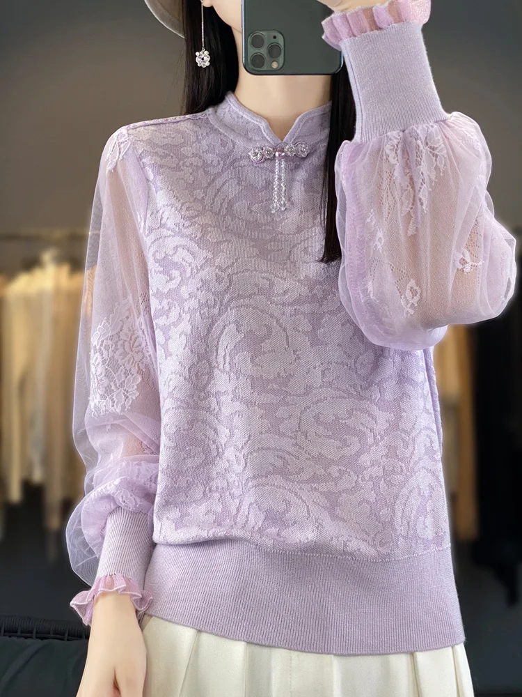 

New Women Mandarin Collar Jumper 100 Wool Mesh Elegant Patchwork Chinese Pullover Worsted Spring Thin Sweater 2024 Knit Top Wear