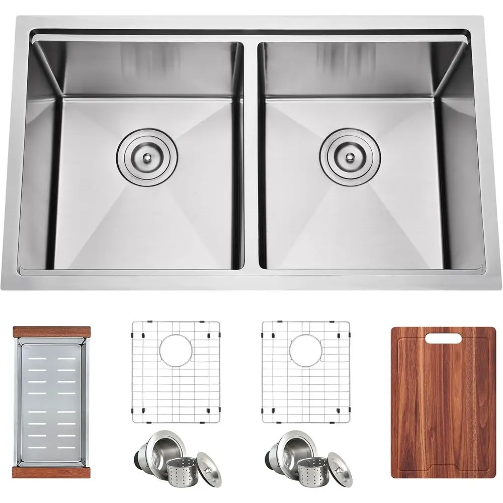 32 Inch Undermount Workstation Double Bowl Handmade Kitchen Sink | 304 Stainless Steel, 16 Gauge Thick, Ledge or Placing Accesso