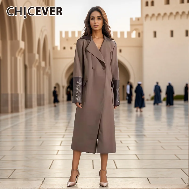 

CHICEVER Spliced Double Breasted Windbreaker For Women Lapel Long Sleeve Minimalist Temperament Long Coats Female Spring Clothes