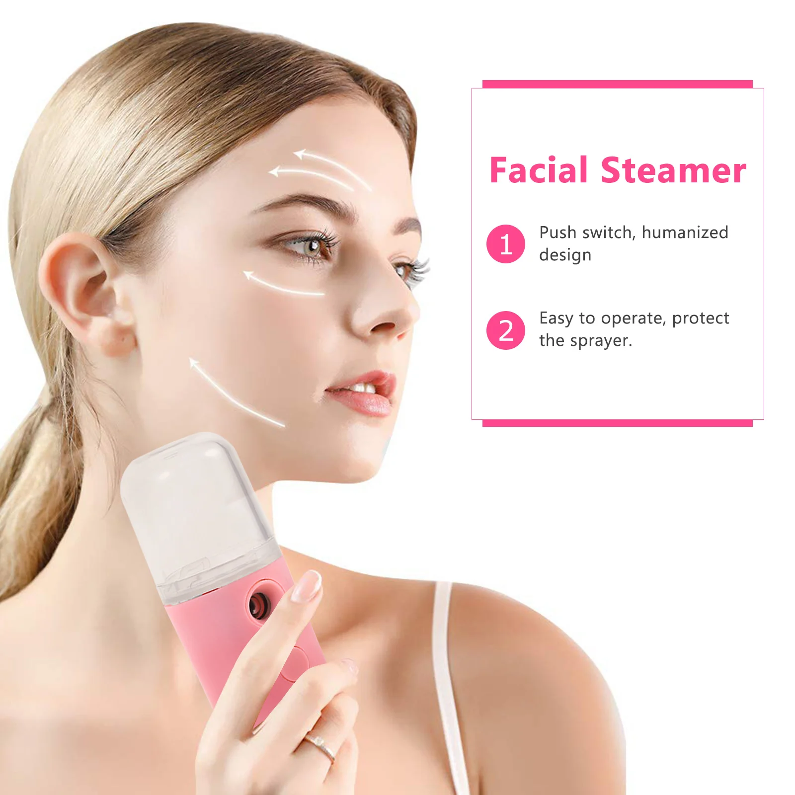 Portable USB Charging Facial Steamer Pink Nano Mist Sprayer Handheld Spray Device for Hydration