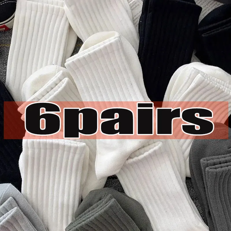 6Pairs Cotton Breathable Black White Mid Tube Socks Solid Color Striped Anti-slip Sports Socks Pilates Socks Street Hip Hop Sock