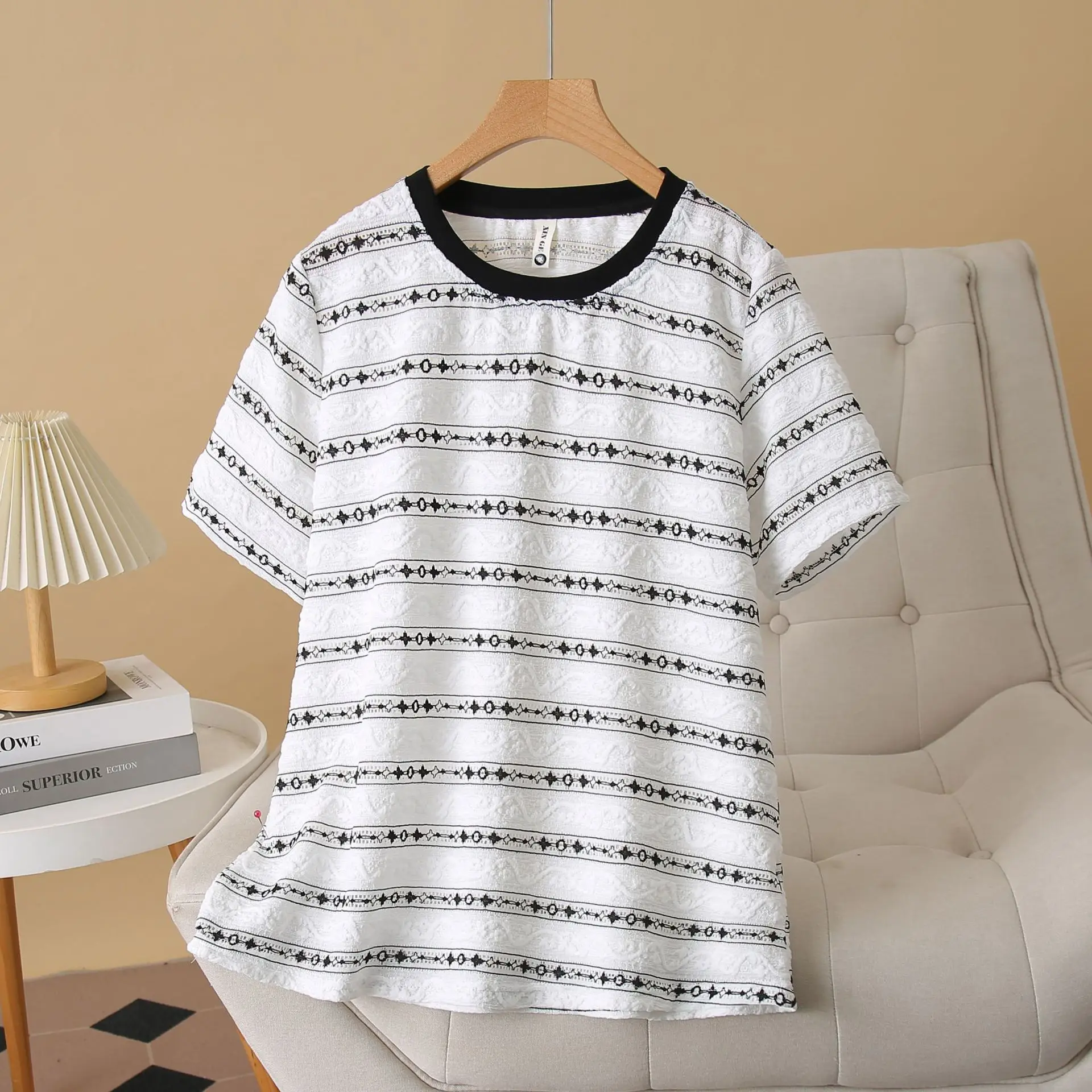 

Новый летний топ 100 кг, модные кружевные футболки с круглым вырезом и короткими рукавами, большие размеры, женская повседневная футболка 2511