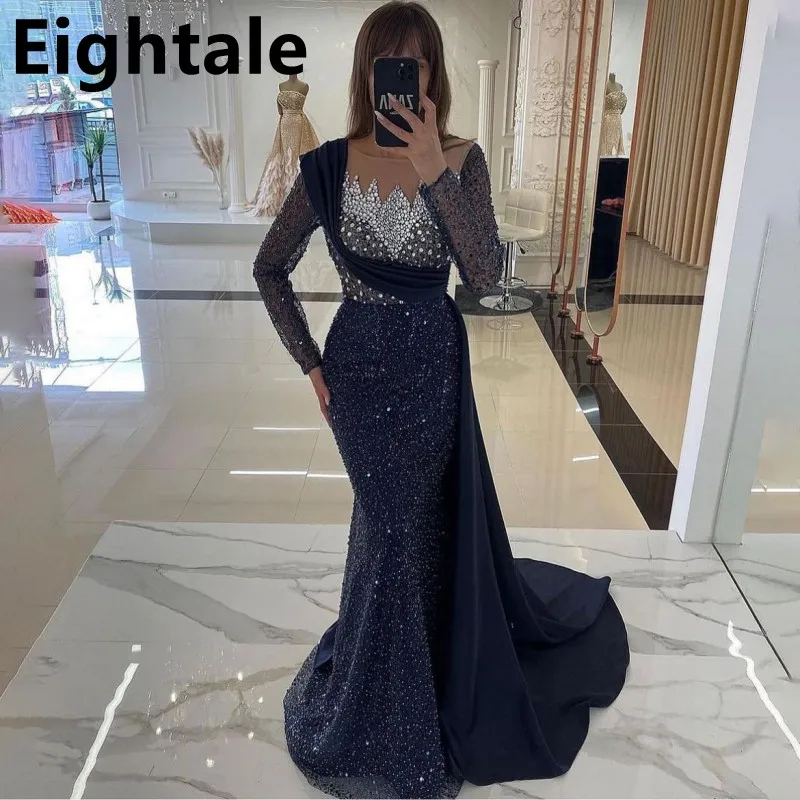 Eightale Customized Navy Blue Shinning Sequins Mermaid Long Sleeve Prom Dress Beaded Evening Dress Women Formal Party Gown