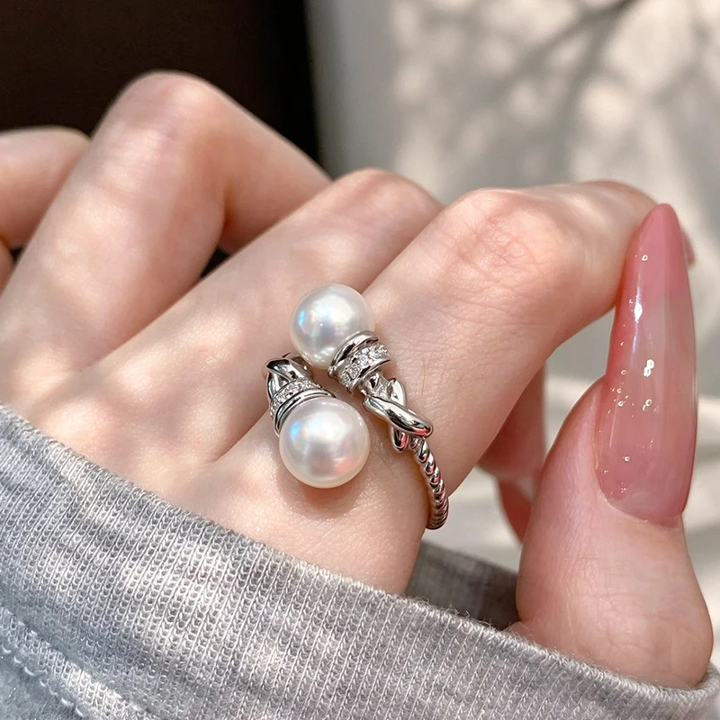 Natural Freshwater Pearl Open Ring Twist Silvery Color Band New Fashion Women's Accessories Wedding Jewelry Silver Accessories