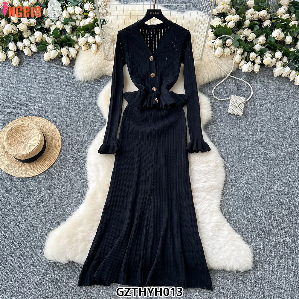 

Elegant V-Neck Tunic Knit Midi Dress for Women Empire Patchwork Ruffled Lace Dress -GZTHYH013