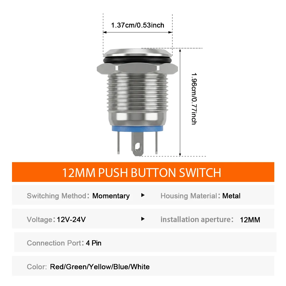 5PCS 12MM LED Push Button Switch,12V-24V 4-Pin Momentary Short journey Touch Switches For Car,Boat,DIY,Industry 5 Color