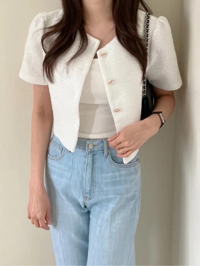 Coreano Chic Estate ort Puffer Jaet Donna Loose Fit rotondo Ne Bottone singolo Bubble Sve Maglieria accogliente Primavera Autunno