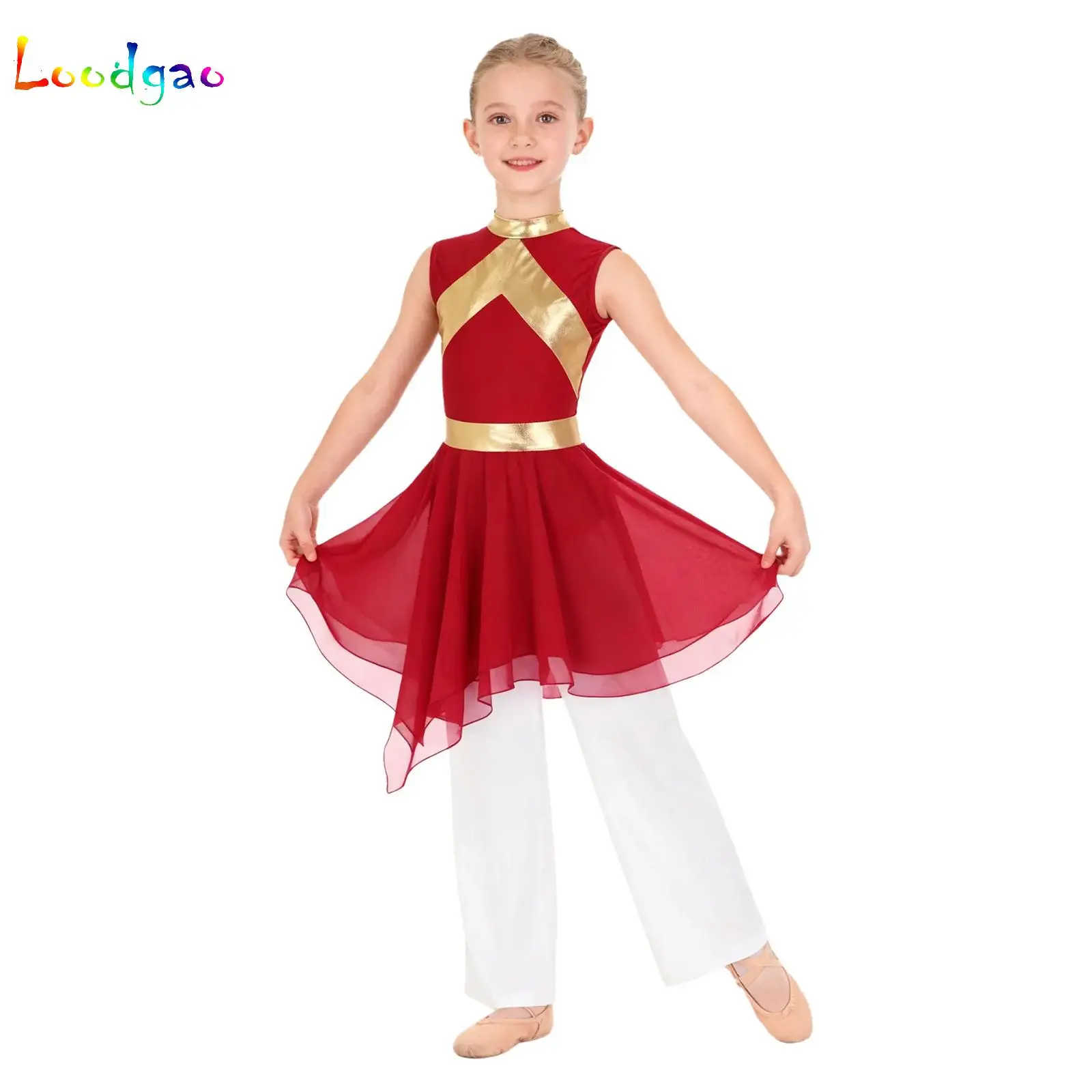 

Kids Girls Dance Set Liturgical Praise Dance Performance Costume Metallic Lyrical Modern Church Choir Dress with Wide-Leg Pants