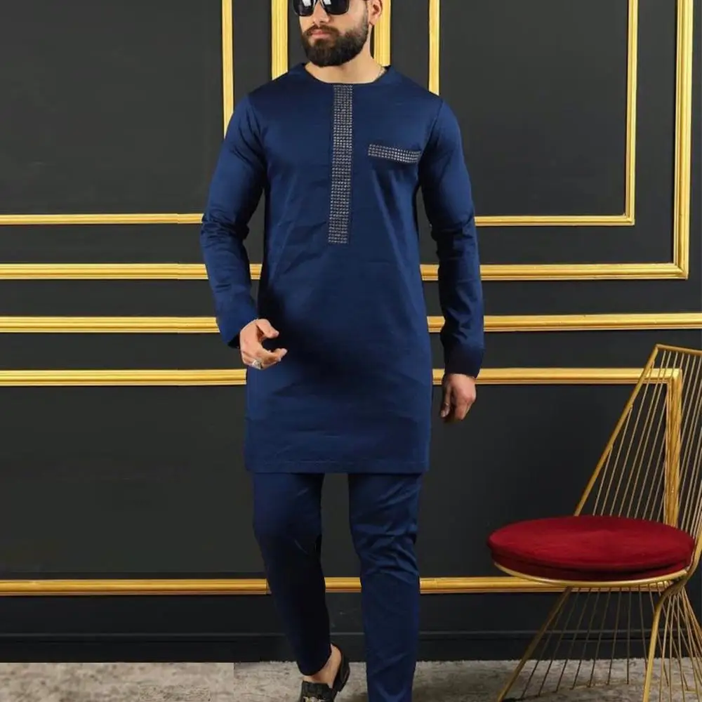 2024 New Dashiki Men's Set Fashionable and Elegant Men's Suit Round Neck Long Sleeve Casual Men's Two Piece Set Kaftan Style