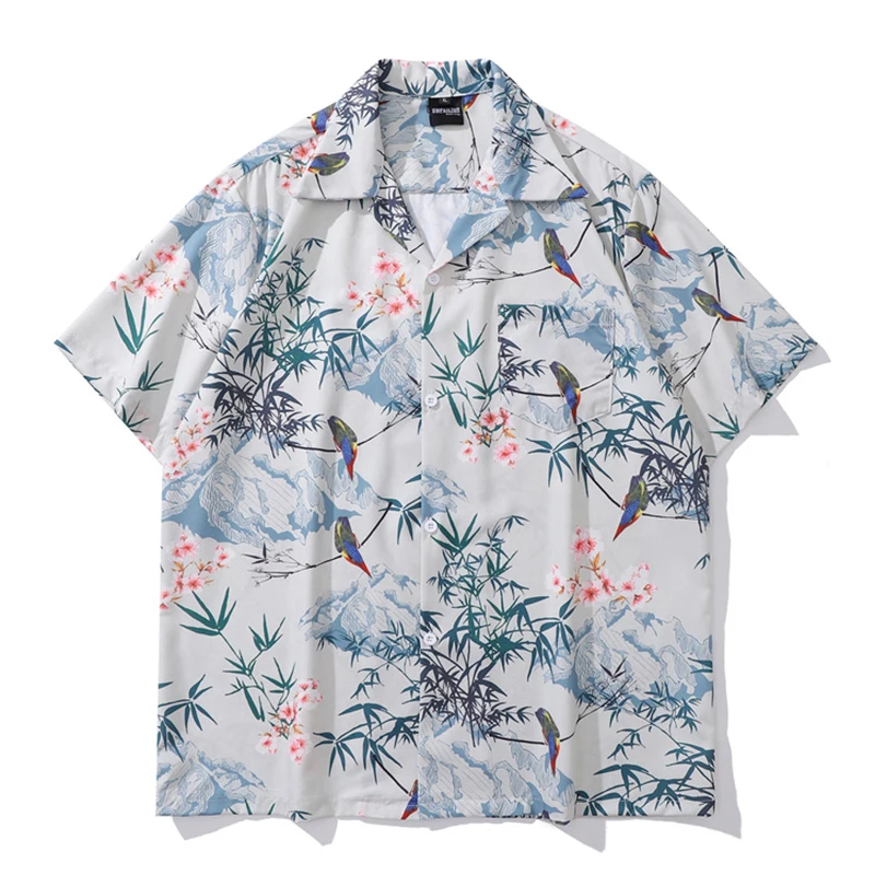 Crane Chinese Traditional Printed Mens Shirts Short Sleeve Summer Cuba Collar Street Shirts for Man