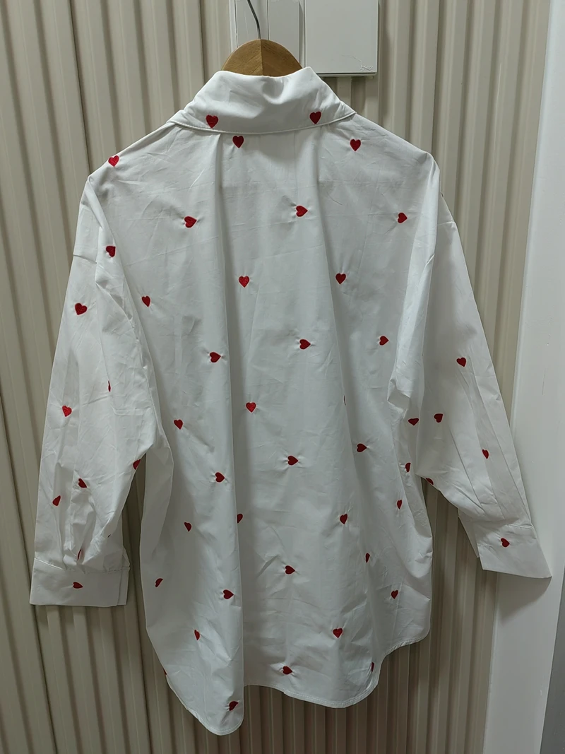 Real Photo White Heart Turn-over Collar Shirt 2025 Spring and Autumn New Korean Style Casual All-match Thin Blouse Women\'s Cloth