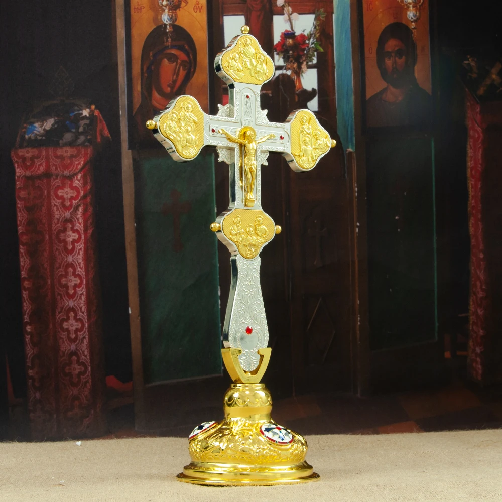 HTISOK Russisch-Orthodoxes Kreuz Jesus-Kruzifix Vergoldete Zinklegierung Kirchenständerkreuz Kirchendekoration Religiöse Rituale – Detail 7