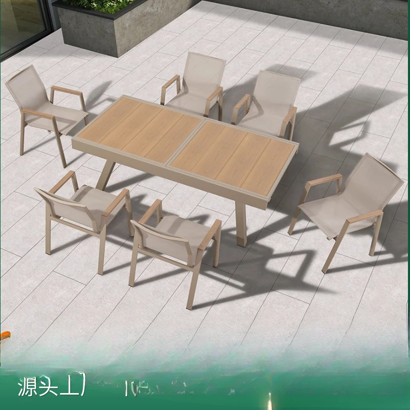 Outdoor plastic wood tables, chairs, courtyards, anti-corrosion wood, waterproof and sunscreen, outdoor aluminum alloy