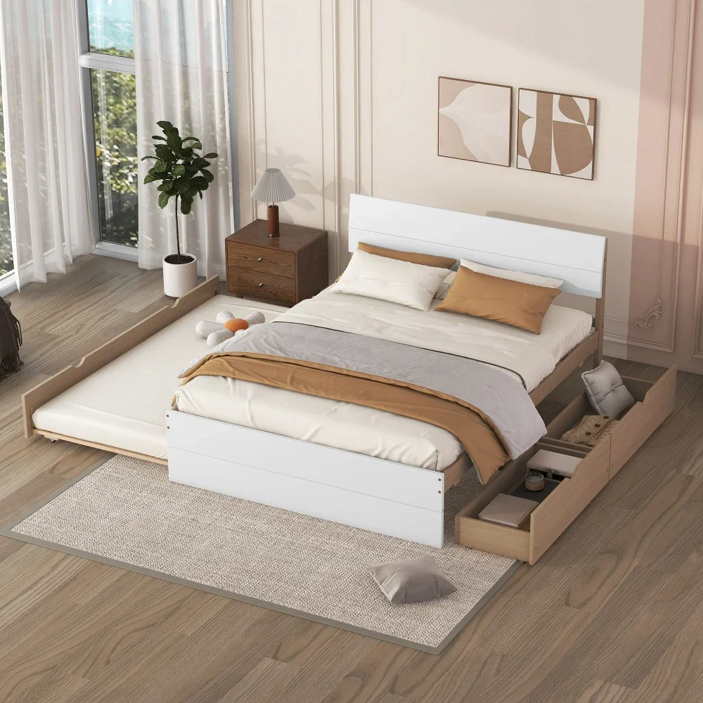 Modern Full Bed Frame with Dual Size Casters and 2 Drawers, High Gloss Bedroom Set  Furniture  Bed