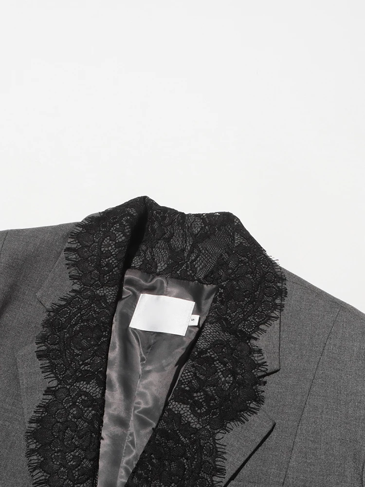 الصلبة المرقعة الدانتيل شيك السترة للنساء محززة طوق كم طويل تقسم جيب مصمم معاطف الإناث نمط #5