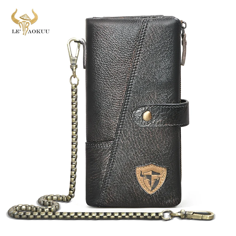 Hot Sale Thick Genuine Leather Travel Business Organizer Chain RFID Wallet For Men Long Zipper Male Purse Card Holder 1803