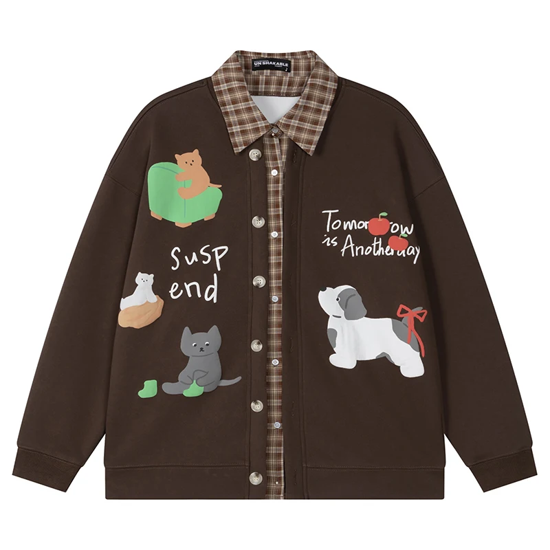 

Осенние мужские толстовки из двух предметов с клетчатым воротником, мультяшным принтом кота и собаки, свободный крой, пуловер на пуговицах с длинными рукавами, одежда