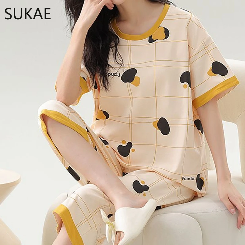 SUKAE Summer Women Sleepwear Lady Pajamas Set Faux Cotton Plus Size Quarter-pants Casual Pijamas Leisure Homewear Big Pyjama