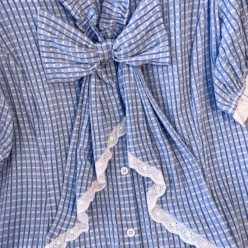 Plus-size women's Summer Casual Commute Loose comfortable dress Blue plaid print button bow splicing short sleeve long dress