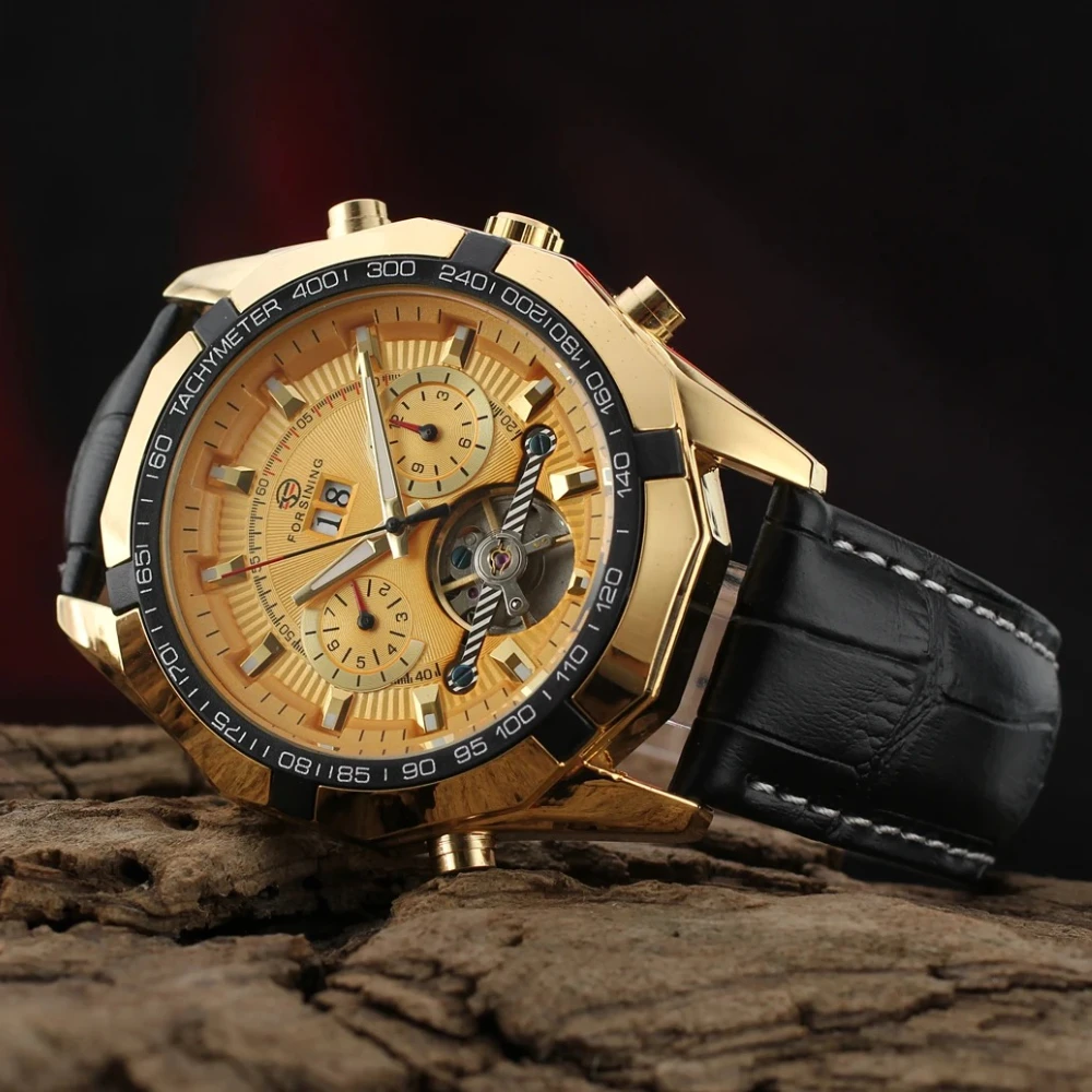 

Черный кожаный ремень Tourbillion Date Роскошный золотой корпус Мужские деловые автоматические часы Лучший бренд Роскошные механические часы с автоподзаводом