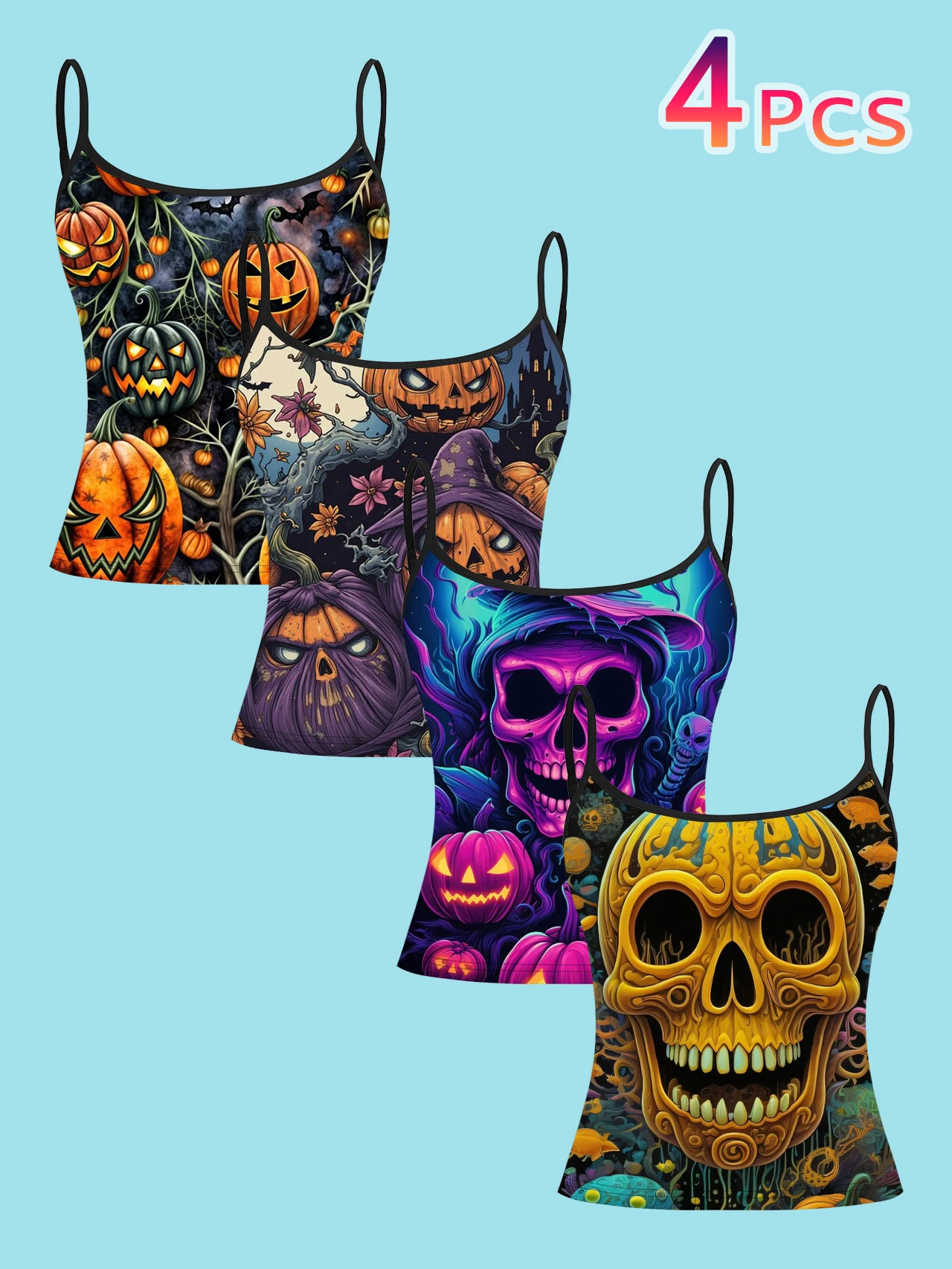 4-Piece Set of Halloween Skeleton Pumpkin Women's Camisoles, Dark Castle Bat Neon Colorful Skeleton Art Print Slim-Fit Spaghetti Strap Short Camisole Tops