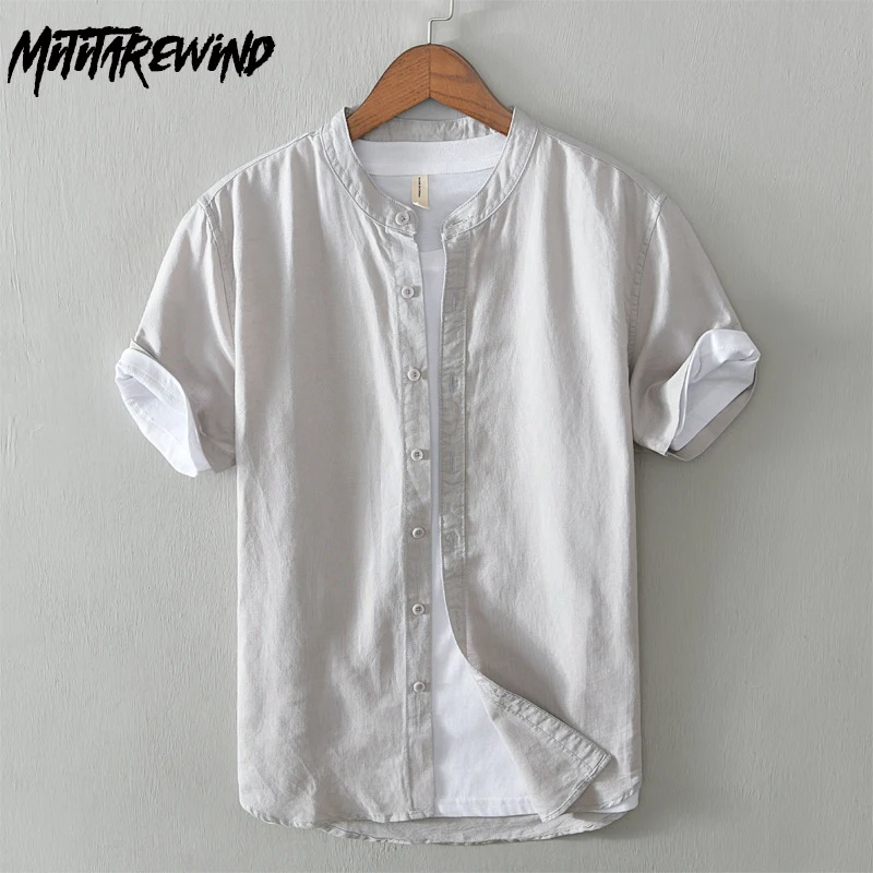 

Simple Summer Men Shirt 4XL Daily Causal Short Sleeve Plain Shirt Breathable Top Stand Collar Cotton Linen Shirt Versatile Shirt